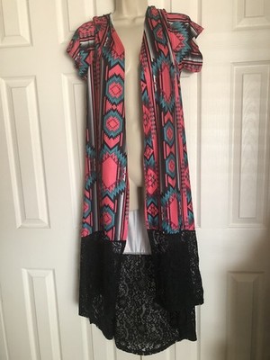 Crazy Train Wester Cover Up Duster Pink Aztec Black Lace Rodeo Boho Festival L
