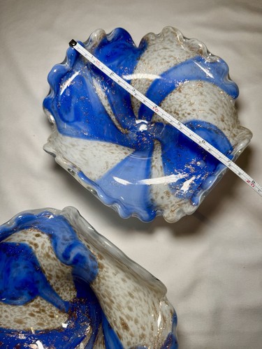 2 Vintage Murano ? Italian Art Glass Blue White Gold Bowl Candy Dish Ruffle Edge - Picture 8 of 19