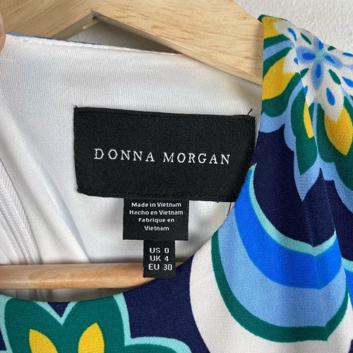  Donna Morgan Midi Dress Sz 0 Blue Floral Jewel Neck Short Sleeve Retro Abstract - Imagen 4 de 8
