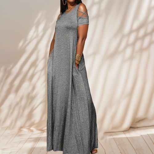 Womens Cold Shoulder Mini Lagenlook Dress Pocket Casual Baggy Long Maxi Dress - Bild 4 von 9