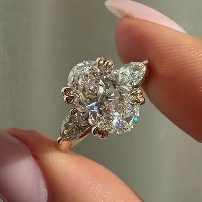 3.25Ctw Oval Cut Moissanite Three Stone Engagement Ring 14K Yellow Gold Plated