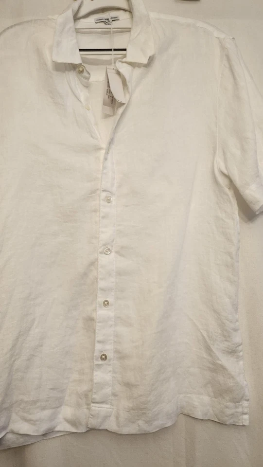 Camisa James Perse de lino para hombre blanca mediana manga corta botón delantero WLZ3375 Foto 4 de 4