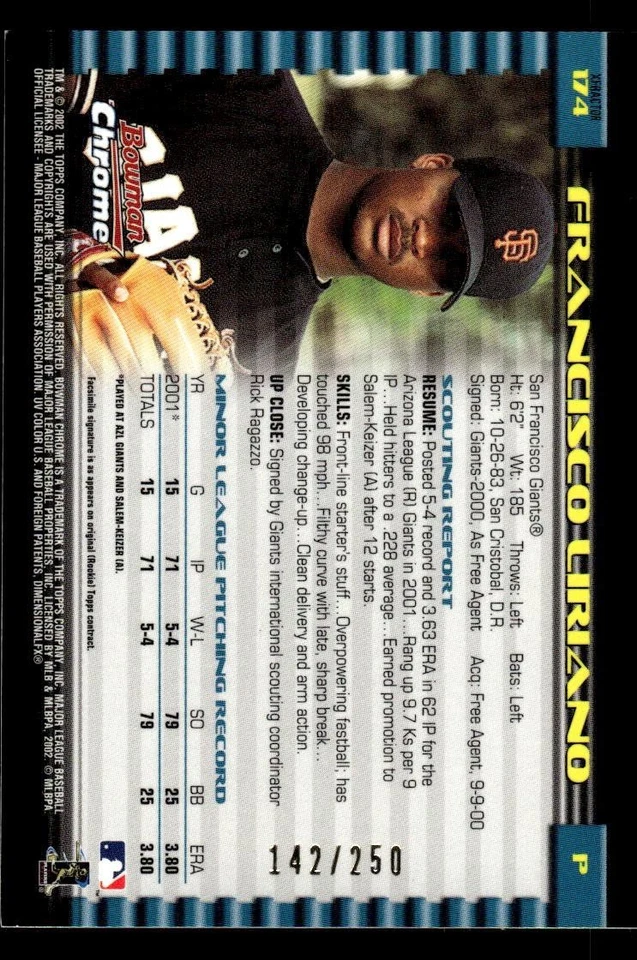 Bowman 2002 cromo Francisco Liriano 174 X-fractors radiocontrol 142/250 gigantes Foto 2 de 2