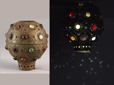 Antique 19thC Victorian Pierced Brass Faceted Glass Jewels Kerosene Lamp Shade