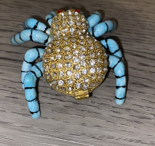 Gold Blue Enameled and Bejeweled Spider Trinket Pill Box - Picture 3 of 5
