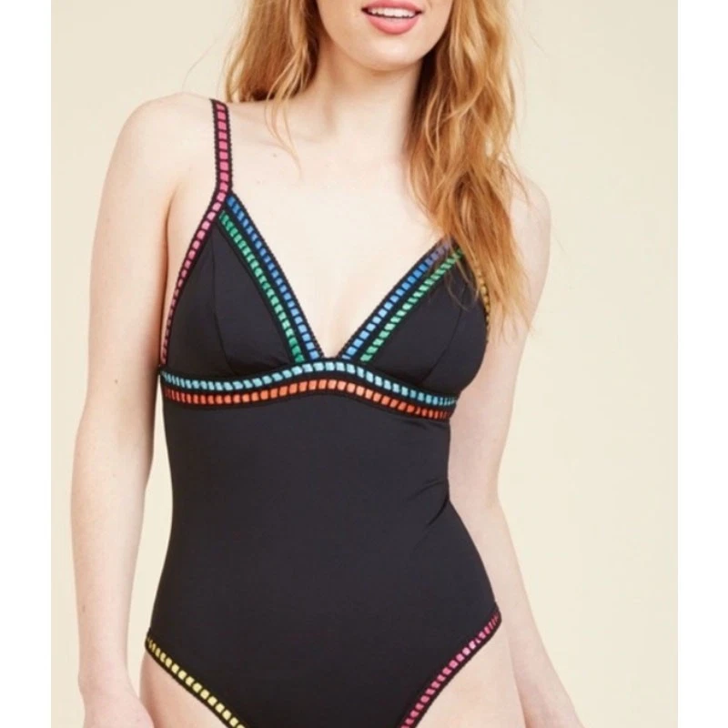 Traje de baño La Blanca cuello en V negro arco iris de una pieza enhebrado - talla 4 Foto 2 de 4