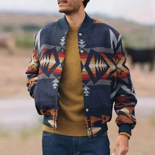 Geometric Pattern Stand Collar Jacket - Picture 4 of 10