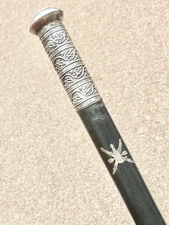 SUPERB WALKING CANE OF OMAN WITH ORNATE STERLING SILVER HANDLE, COLLAR & FERRULE