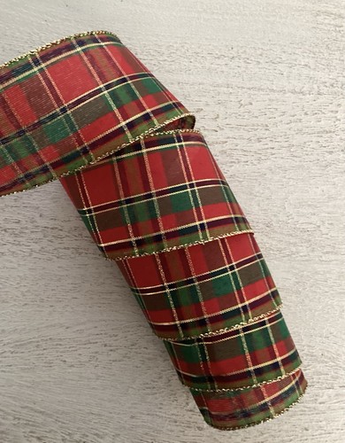5 YARDS CHRISTMAS RED GREEN & GOLD PLAID WIRED EDGE RIBBON 2.5" WIDE - Picture 2 of 4