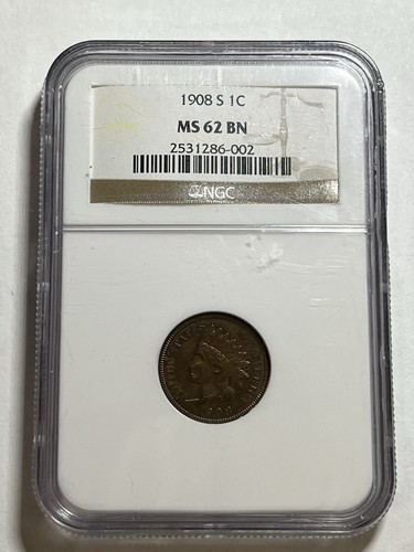 1908-S Indian Head Cent 1c NGC MS62BN Key Date Nice Strike - Picture 1 of 4