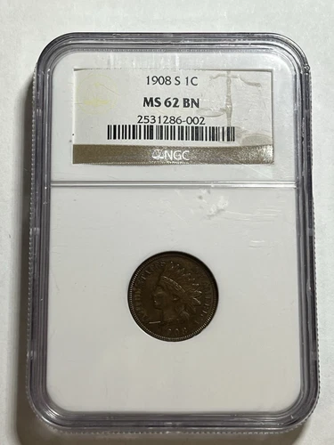 1908-S Indian Head Cent 1c NGC MS62BN Key Date Nice Strike
