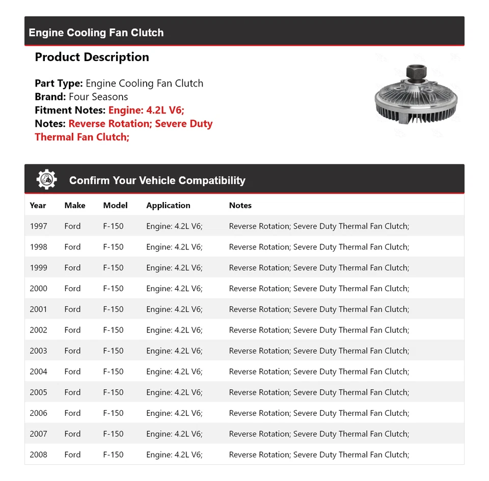 For 1997-2008 Ford F-150 4.2L V6 Engine Cooling Fan Clutch 4 Seasons 1998 1999 - Image 2 of 4