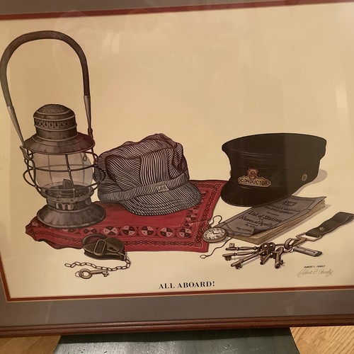 FRAMED Signed WALL HANGING PRINT ROBERT CONELY "All Aboard!” Train Conductor - Picture 2 of 8