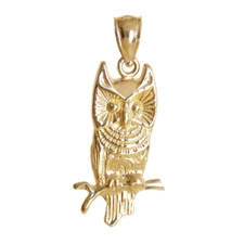 New 14k Yellow Gold Owl Charm Pendant