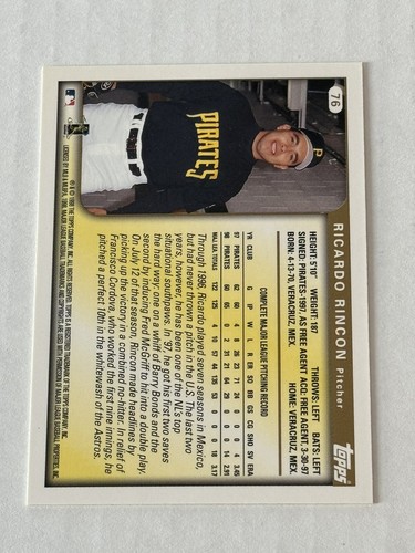 Ricardo Rincon 1999 Topps Authentic Signed Autograph Auto Pittsburgh Pirates MLB - Picture 3 of 3