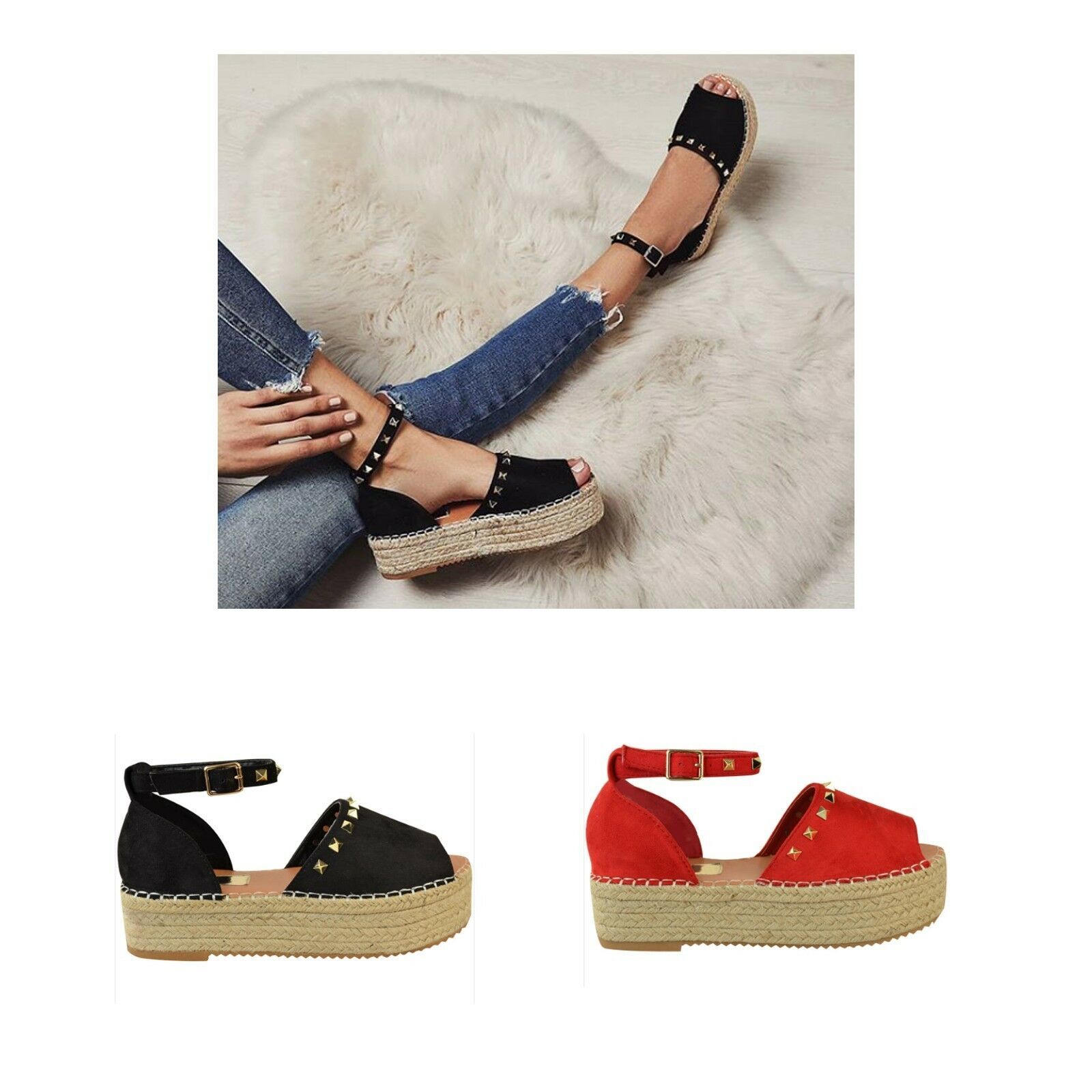 Womens Ladies Flat Wedge Sandals Espadrille PeepToe Stud Platform ...