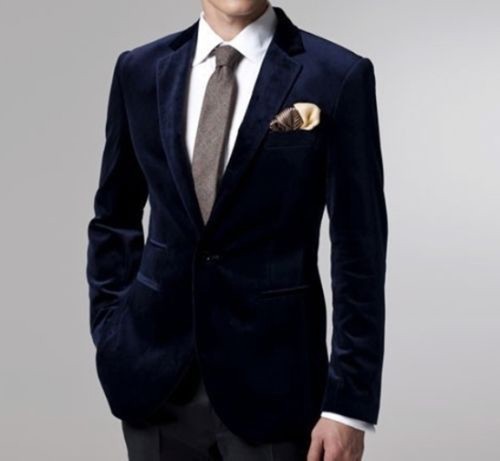 Men Navy Blue Velvet Coat Jacket Blazer Designer Grooms Wedding Tuxedo Casual - Afbeelding 1 van 2