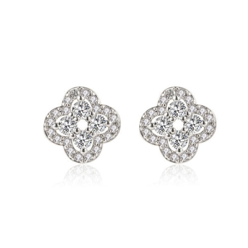 Shiny 925 Sterling Silver CZ Clover Flower Leaf Stud Earrings Women Girl Gift UK - Picture 5 of 9