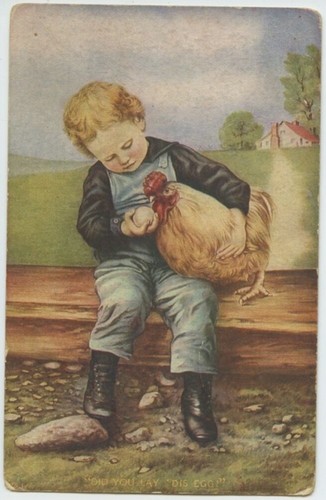 Boy to Chicken Did You Lay Dis Egg Antique Postcard Humor