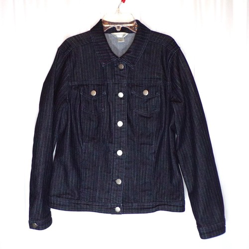 Chaqueta de mezclilla azul Christopher & Banks para mujer pequeña bolsillos elásticos botones a rayas - Imagen 2 de 7