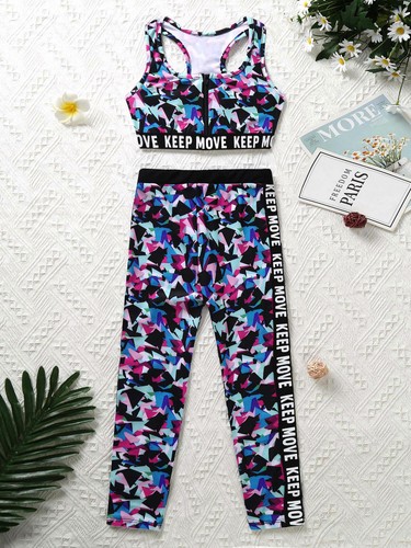 Girls Kids Sports Dance Outfits Gym Yoga Letters Print Crop Tops Leggings Set - Picture 12 of 50