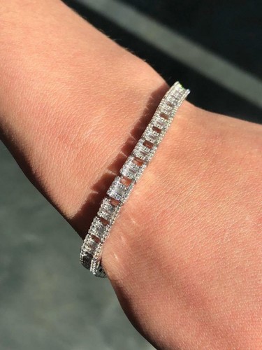 Platinum Sterling Silver Pave White Sapphire Baguette Halo Tennis Bracelet Gift - Picture 3 of 10