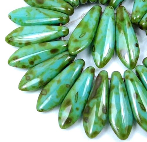 25 Czech Glass Dagger Beads Opaque Green Turquoise - Picasso 16mm