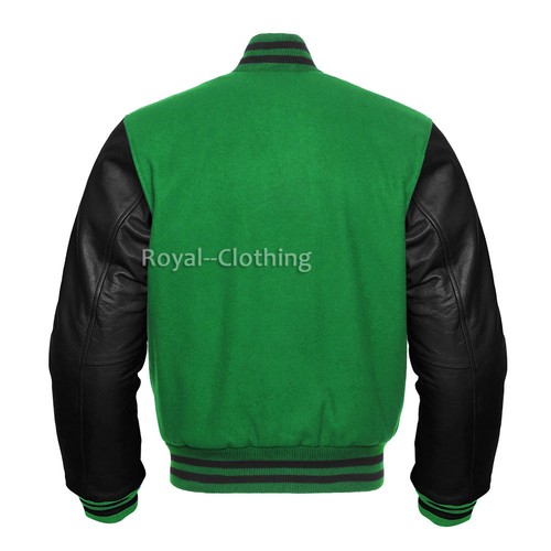 Giacca a maniche Varsity Baseball Letterman in vera pelle lana e nero XS~7XL - Foto 22 di 36