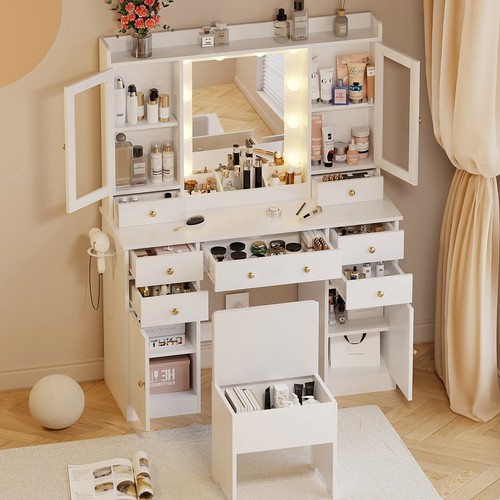 Vanity Desk with Lighted Mirror & Power Outlet, Dressing Table with LED lights - Picture 33 of 42