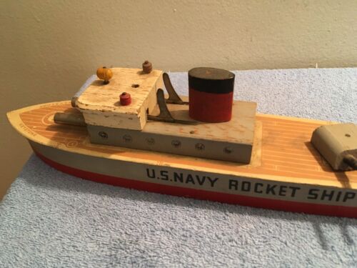ANTIQUE 1940's KEYSTONE WOODEN U.S. NAVY ROCKET SHIP WOOD TOY BOAT U S MILITARY - Picture 10 of 16