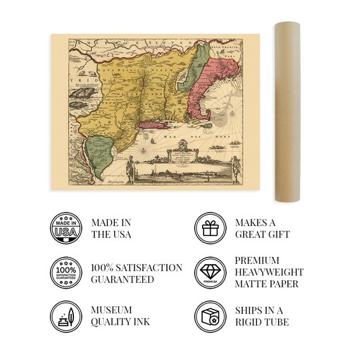 1690 Eastern United States Map - Vintage Wall Map of New England Wall Art Poster - Picture 2 of 26