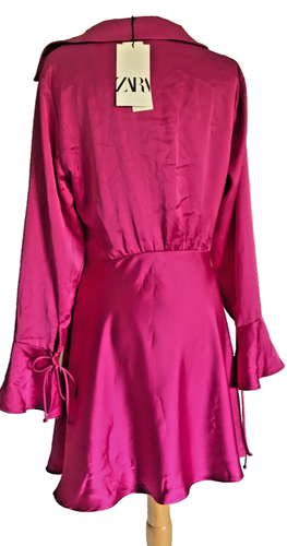 Hot Pink Zara Shirt Dress, Cut Out, Tie Front, Long Bell Sleeve L Skater Skirt S - Picture 2 of 4