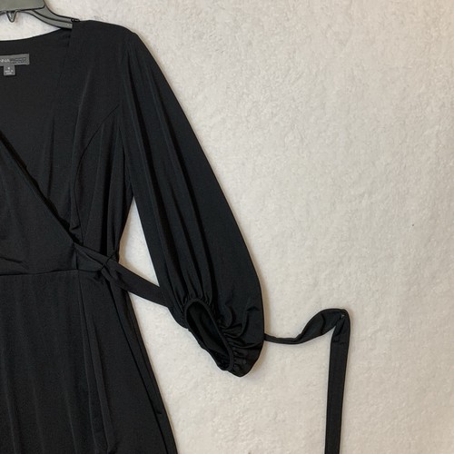 Donna Ricco New York Size 8 Black Casual Midi Dress Faux Wrap 3/4 Sleeve - Picture 5 of 11