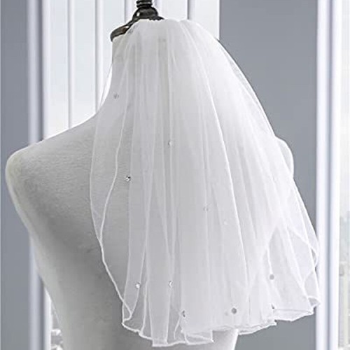 Kristall Brautschleier kurz 1-stufig perle weißes Netz mit Kamm Hochzeit Kopfschmuck - Bild 7 von 13