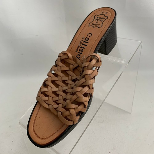 Callisto of California Sandals Woven Tan Leather Open Round Toe Block Heel Sz 8N - Picture 4 of 10
