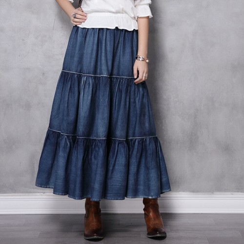 Chic Women Elastic Waist Denim Long Tiered Skirt Fashion Blue Jeans Maxi Dress - Picture 1 of 7