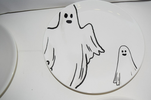TABLETOP HALLOWEEN LINE ART PLATES ST/4 BLACK CAT GHOST CROW SKULL - Bild 4 von 13