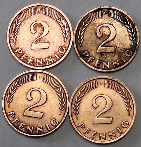 2 Pfenning Coins from Germany, 1950 F, 1961 F, 1962 F, & 1973 D, Total 4 coins. - Picture 2 of 2