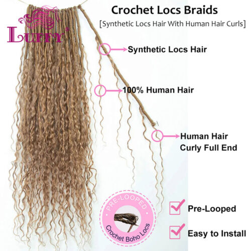 Locs boho de ganchillo rubio miel pre-bucle con rizos de cabello humano color #27 rizado - Imagen 2 de 7