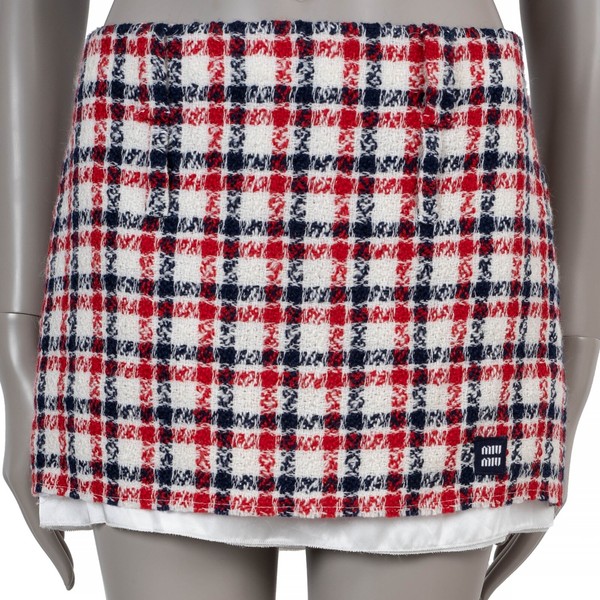 71784 authentischer MIU MIU rot weiß blau Wolle 2022 kariert Tweed Mini Rock 42 M