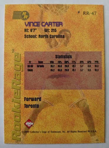 VINCE CARTER, 1999 COLLECTOR'S EDGE ROOKIE RAGE #RR-47 - Afbeelding 2 van 2