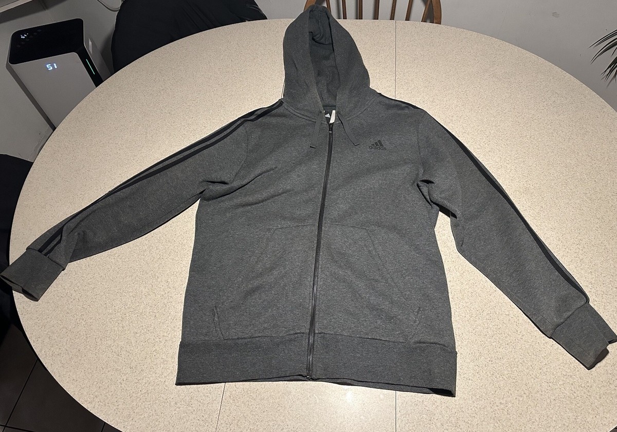 ADIDAS MEN'S ESSENTIALS GREY 3-Stripe Full Zip Fleece Hoodie