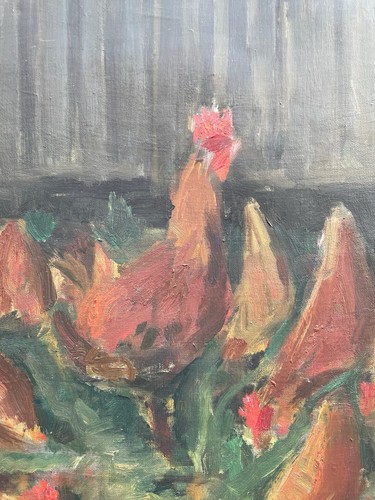 Knud Lollesgaard 1911-1997 Tierbild Hühner auf der Wiese vorm Stall Ölbild 1954 - Picture 5 of 14