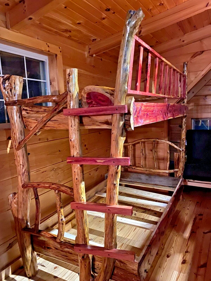 Juego de rieles superiores de escalera con literas dobles de tronco macizo de cedro rústico marco completo pie de cabeza Foto 4 de 4