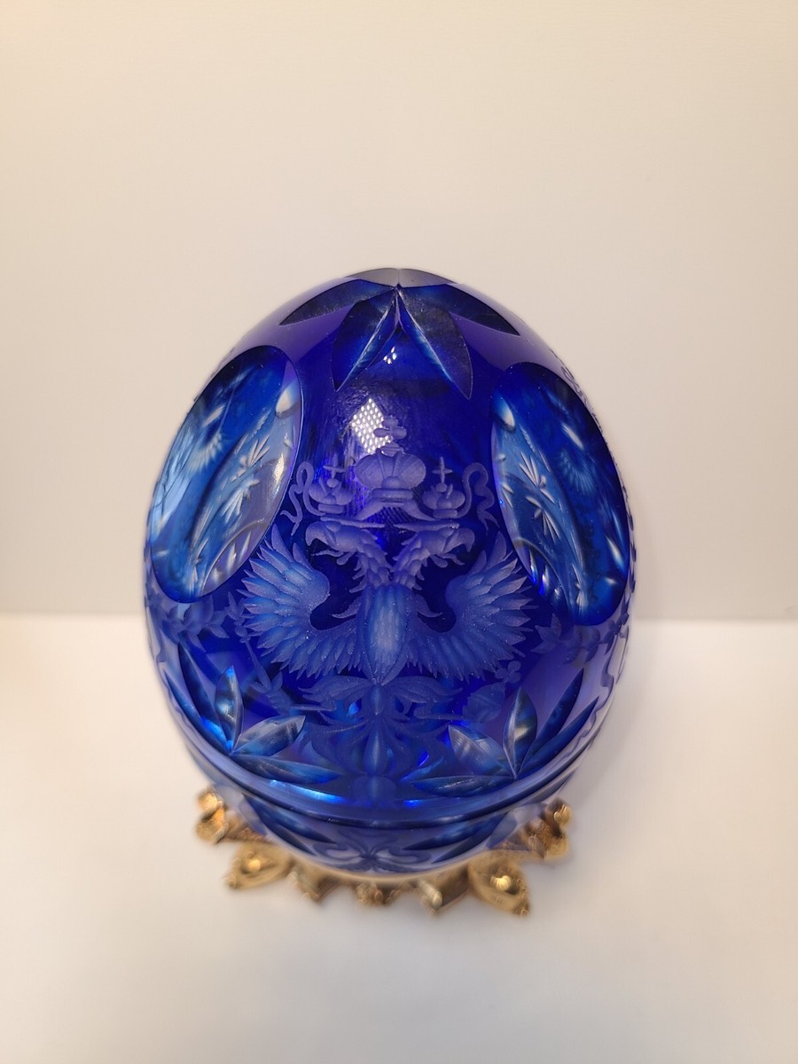 Vintage Cobalt Blue Cut to Clear Fabergé Crystal Egg with