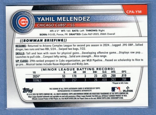 2025 Bowman Chrome Yahil Melendez Auto 1st Bowman #CPA-YM Cubs SP - Bild 2 von 2