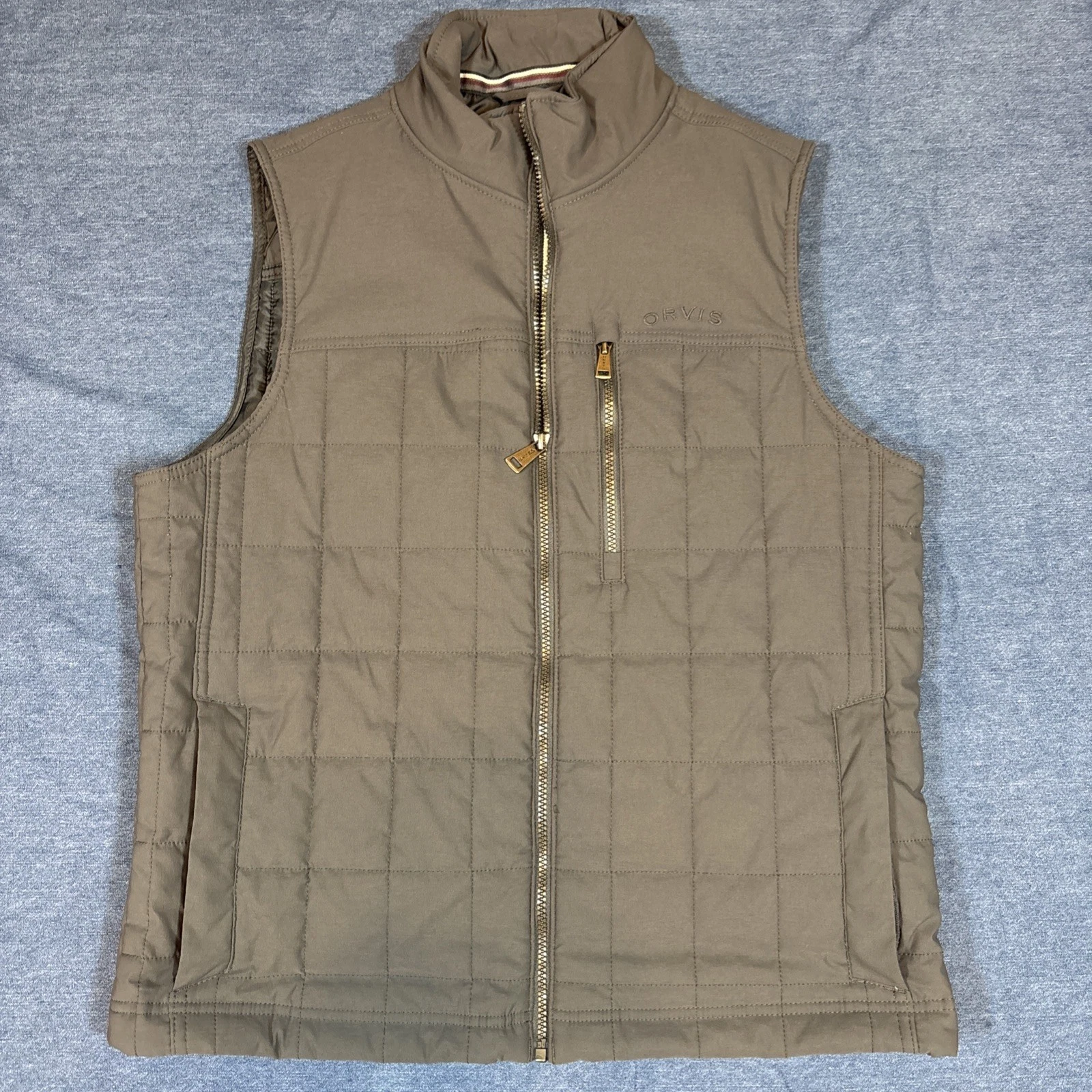 Orvis Vest Mens Medium Gray Puffer Quilted Zip Front Classic Collection Outdoor