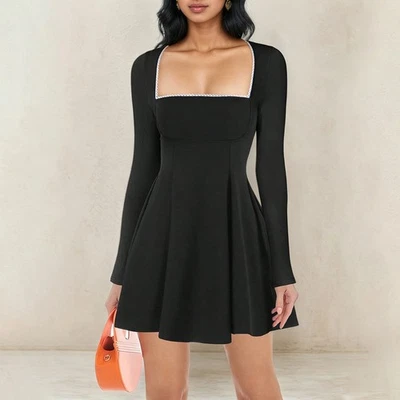 Elegant Black Crinkle Polyester Midi Dress with U-Neck and 3D Texture - Image 1 of 4