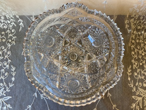 "Antiguo frutero vintage de cristal corte americano de 8"" diseño de estrellas dientes de sierra" - Imagen 15 de 18