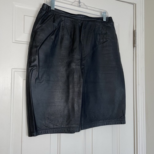 VINTAGE JACQUELINE FERRAR BLACK GENUINE LEATHER PENCIL SKIRT 16 TALL BACK SLIT